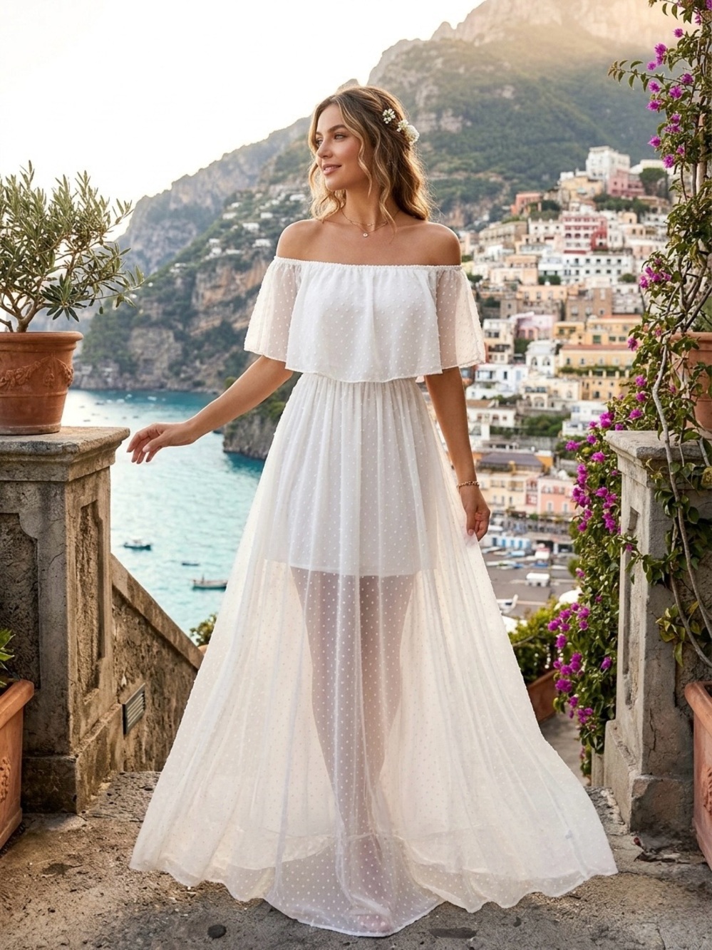 Off-Shoulder White Maxi Dress with Sheer Overlay